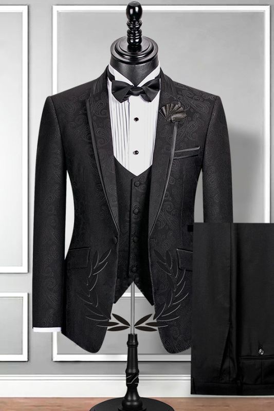 Classic Notch Lapel Black Groom Suit | Slim Fit Jacquard Wedding Tuxedo