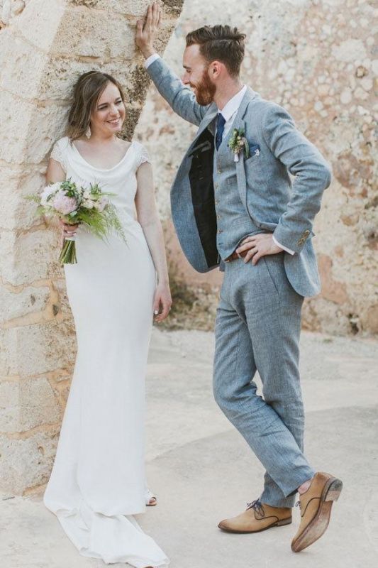 Latest Summer Blue Linen Beach Wedding Suits | Bespoke Men Casual Male Beach Groom Tuxedo