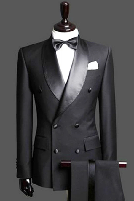 Black Double Breast Wedding Suits Tuxedos | Satin Lapel 2 Pieces(Jacket ...