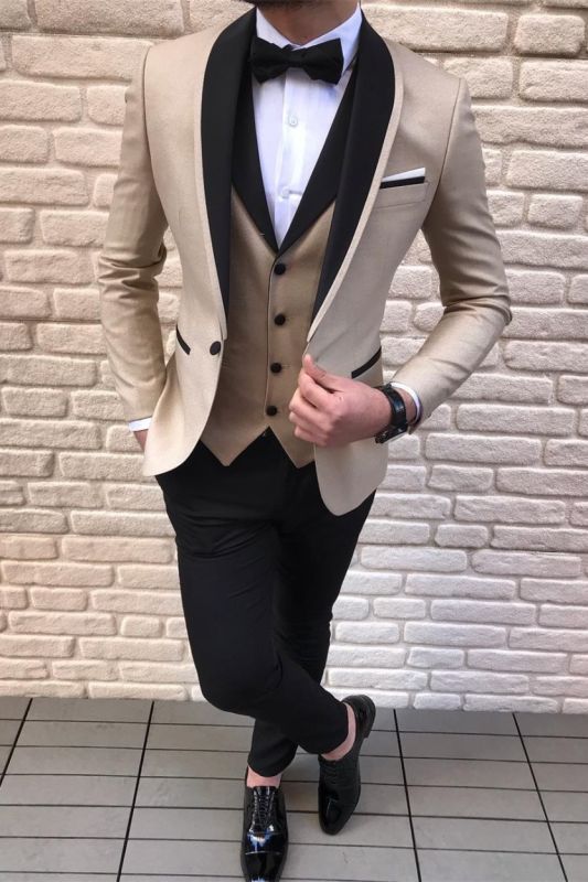 3 Piece Gold Champagne Wedding Suits Black Satin Shawl Lapel Wedding Tuxedos Allaboutsuit