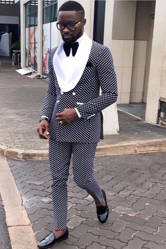 Fashion Black Dot Double Breasted Mens Suit Online with White Lapel