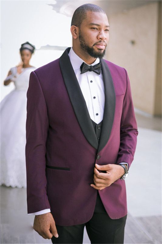 Charles Purple Three-Piece Slim Fit Wedding Suits with Black Lapel