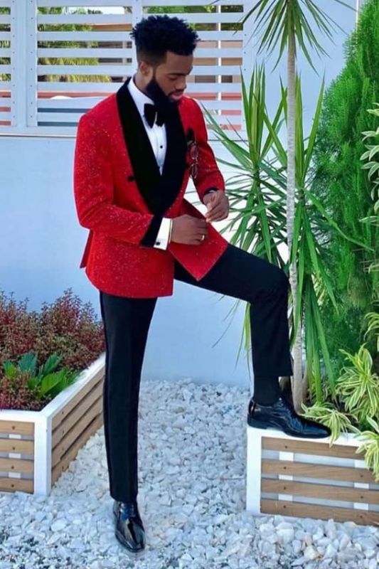 Black Velvet Lapel Banding Edge Sparkle Red Men's Suit for Prom