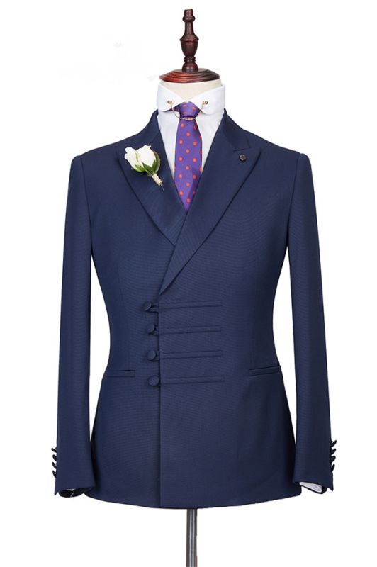 Roman Dark Navy Peaked Lapel Buckle Best Fitted Men Suits for Formal