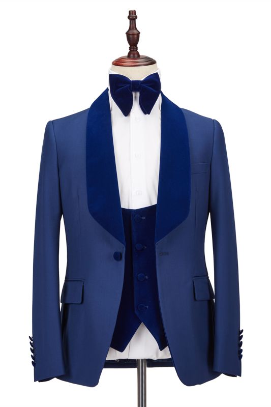 Stitching Velvet Shawl Lapel Royal Blue One Button Men's Formal Prom ...