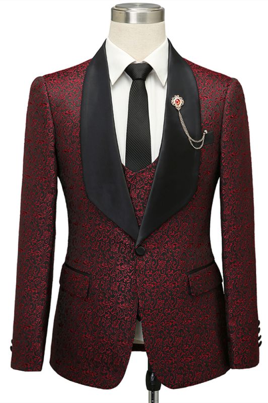 Cesar Burgundy One Button Shawl Lapel Jacquard Wedding Groom Suits