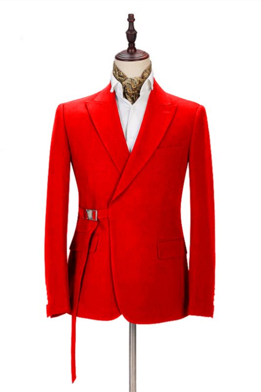 Passionate Bright Red Men's Formal Suit Online | Peak Lapel Buckle Button Casual Suit for Men