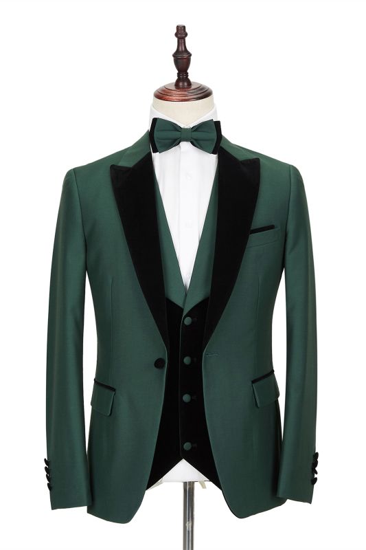 Black Peak Lapel Dark Green Men's Wedding Suit | Velvet Banding Edge ...