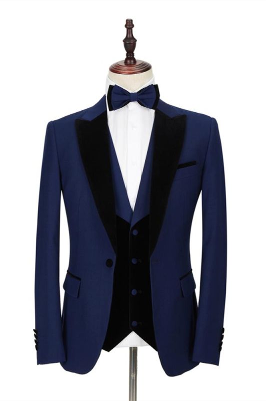 Dark Blue Peak Lapel Men's Wedding Suit | Velvet Lapel Formal Suit