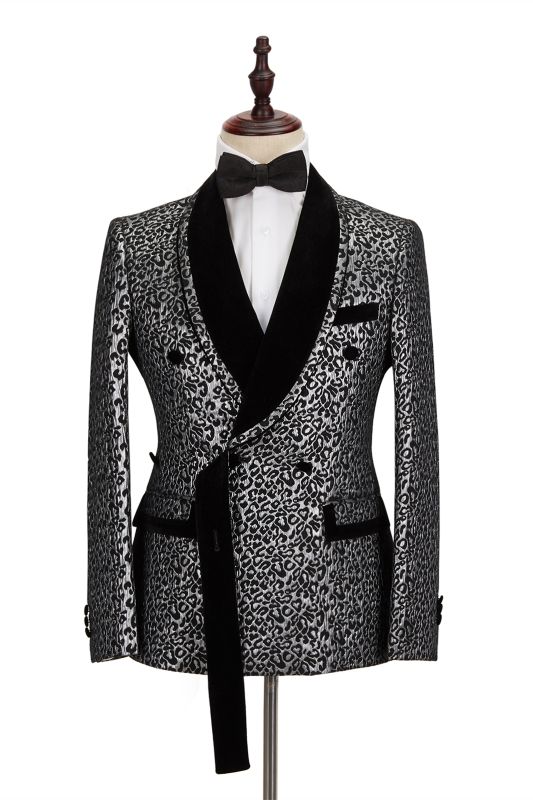 Black Stitching Silver Leopard Jacquard Men's Suit | Shawl Lapel Double Breasted Wedding Suit for Formal with Shirt