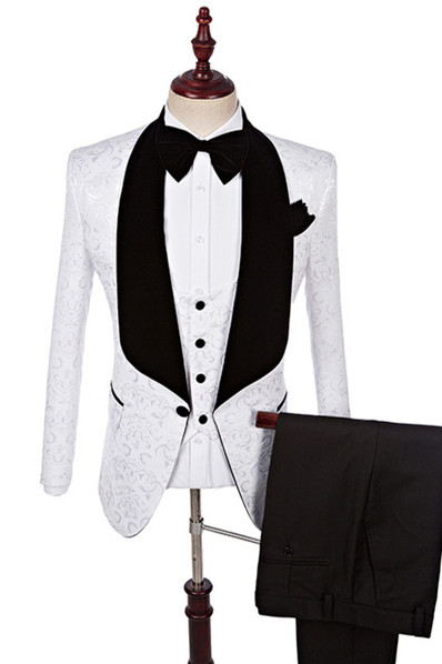 Dillon White Three Pieces Fashion Jacquard Shawl Lapel Wedding Suits
