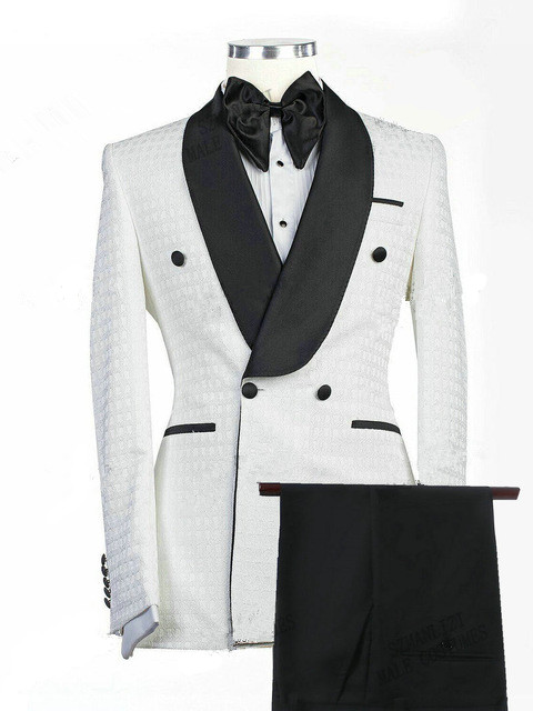 Drew White Jacquard Double Breasted Shawl Lapel Wedding Groom Suits
