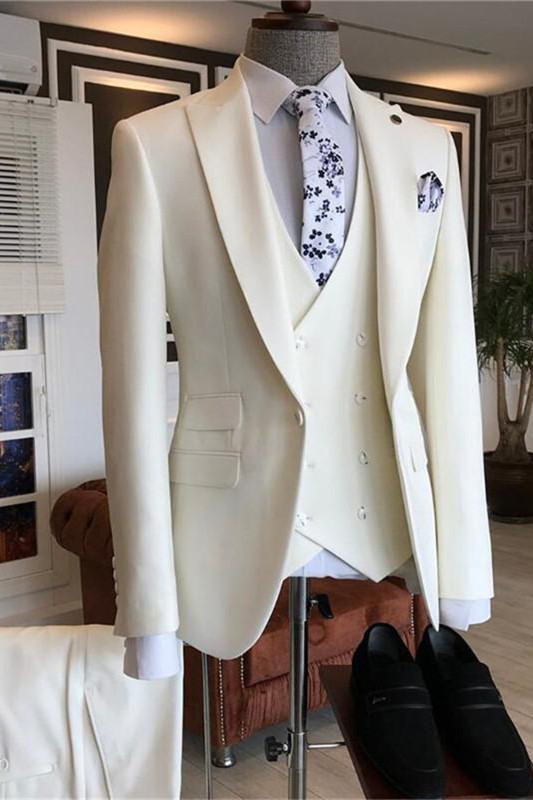 Caiden White Three Pieces Peaked Lapel Bespoke Men Suits for Wedding