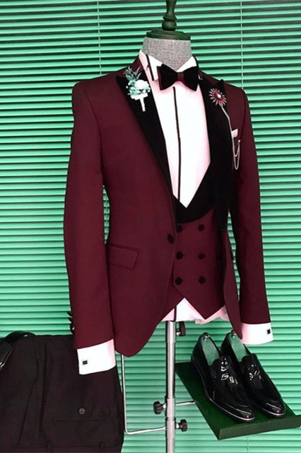 Devon Slim Fit Burgundy Three Pieces Men Suits with Black Peaked Lapel