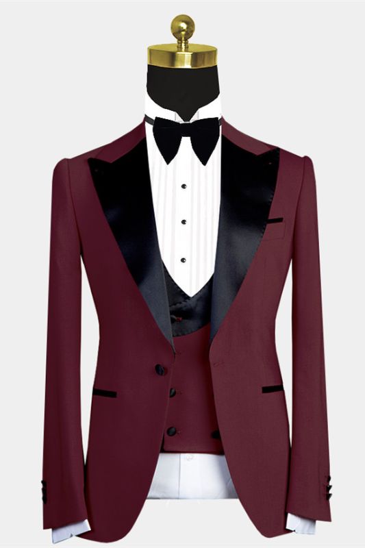Bryant New Arrival Burgundy Slim Fit Prom Men Suits with Black Lapel