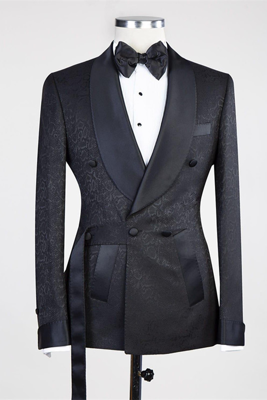 Ernesto Black Double Breasted Shawl Lapel Jacuqard Wedding Suit