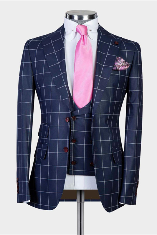 Justice Dark Navy Plaid Peaked Lapel Slim Fit Men Suits for Business