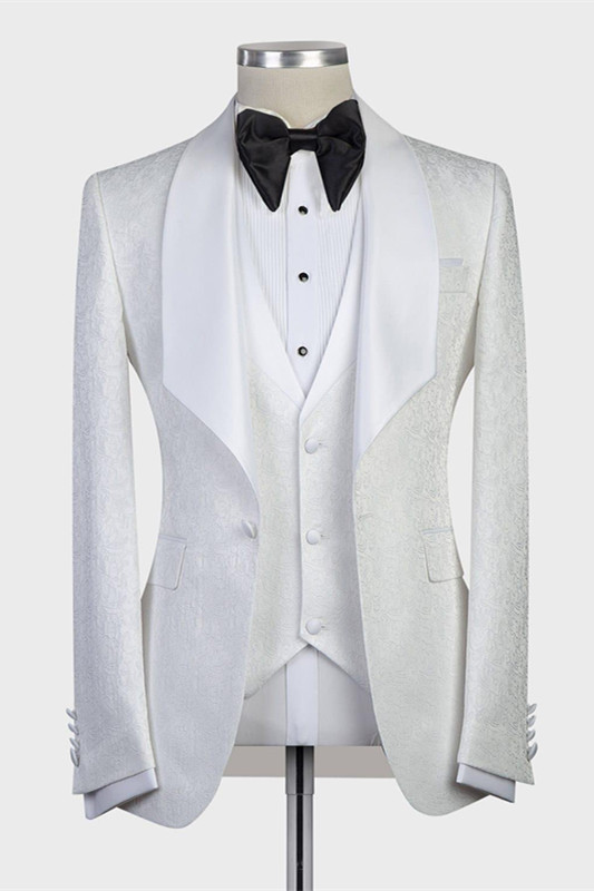 Jacoby Bespoke Three-Pieces White Jacquard Shawl Lapel Wedding Tuxedo