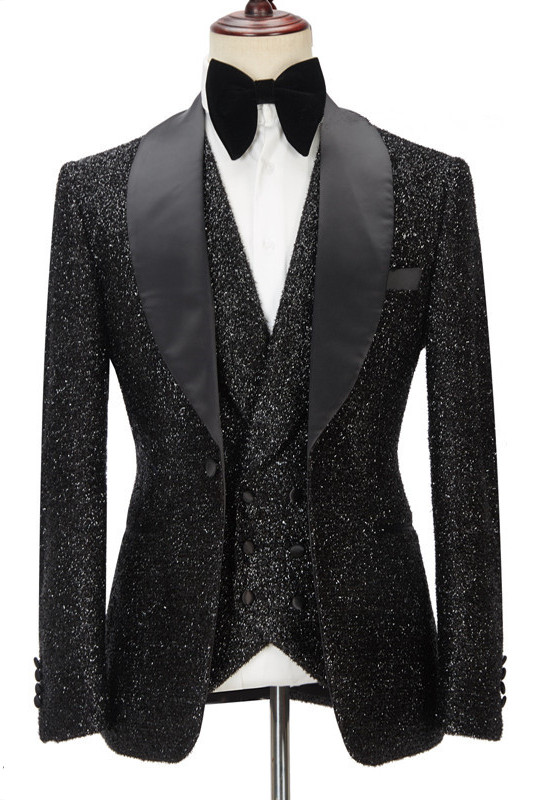 Kane Sparkly Black Three Pieces Shawl Lapel Bespoke Wedding Suit for Men