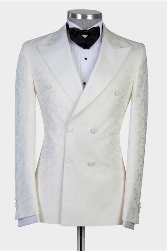 Mekhi White Jacquard Double Breasted Peaked Lapel Wedding Suit for Men