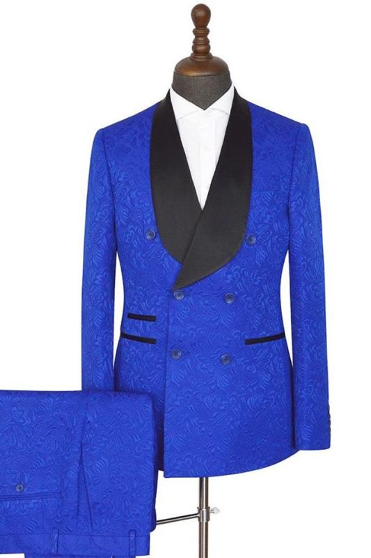 Ramon Royal blue Shawl Lapel Slim Fit Double Breasted Jacquard Wedding Suits