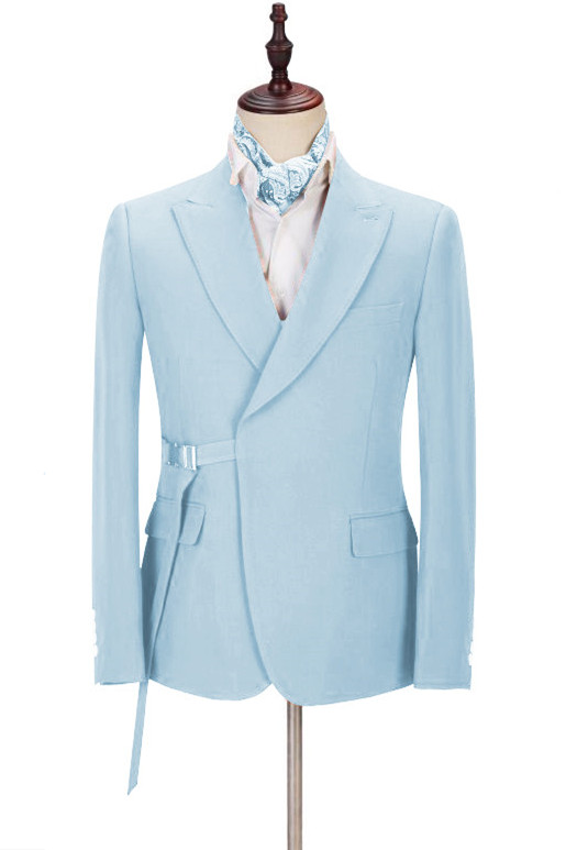 Justin Bespoke Sky Blue Peaked Lapel Men Suits with Adjustable Buckle