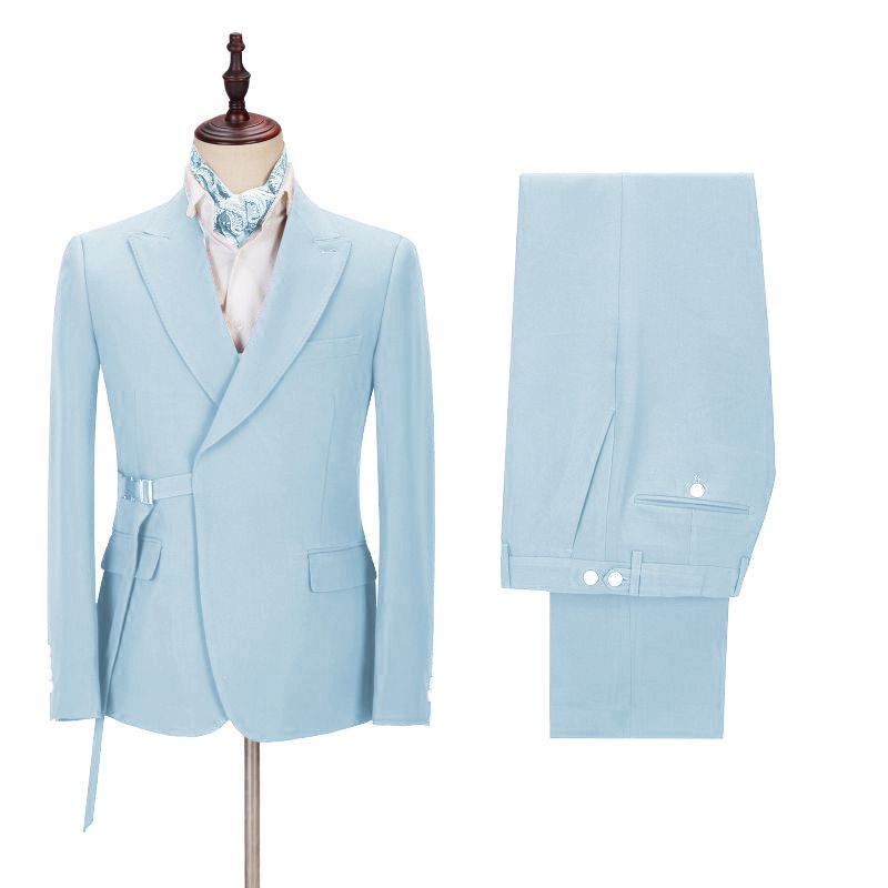 Justin Bespoke Sky Blue Peaked Lapel Men Suits with Adjustable Buckle ...