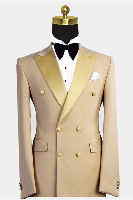 Reed Gold Peaked Lapel Double Breasted Bespoke Men Suit for Prom