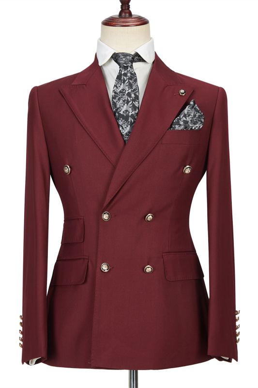 Luman Stylish Double Breasted Burgundy Peak Lapel Men's Formal Suit