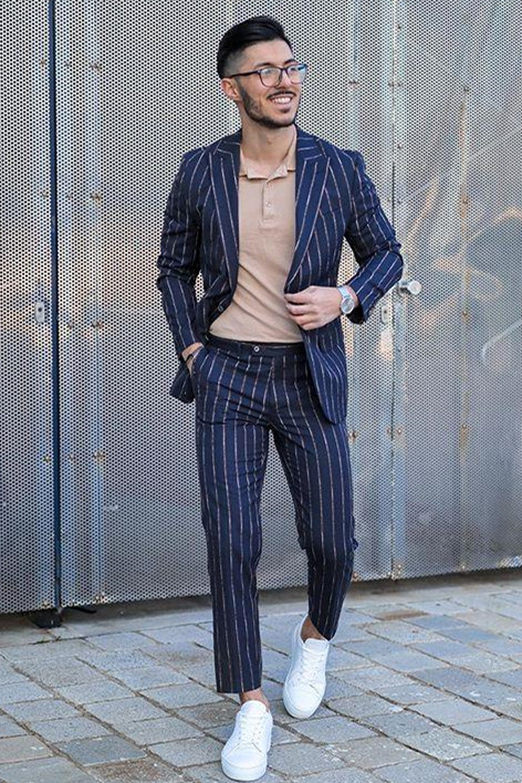 Dorian Dark Nay Striped Peaked Lapel Handsome Men Suit