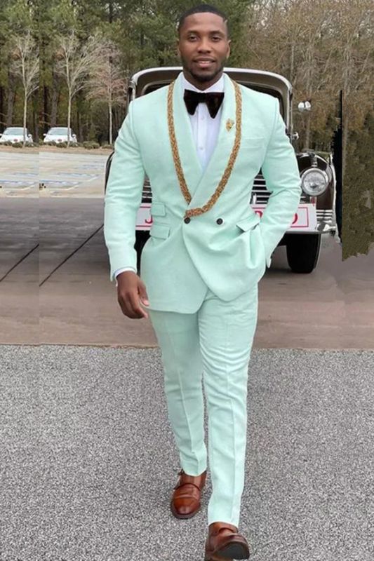 Conor Mint Green Fashion Shawl Lapel Double Breasted Wedding Suits with Appliques