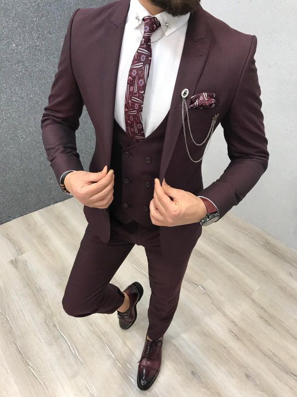 Warren Burgundy Three Pieces Slim Fit Peaked Lapel Men Suits