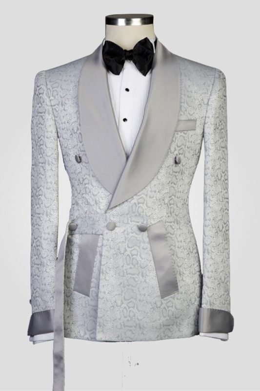 Braiden Silver Shawl Lapel Double Breasted Jacquard Wedding Suits