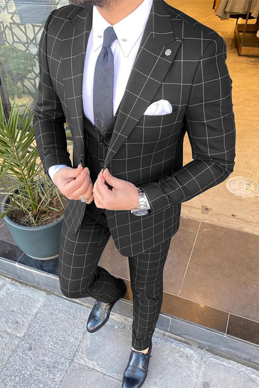 Micheal Black Plaid Peaked Lapel Three-Pieces Men Suits | Allaboutsuit