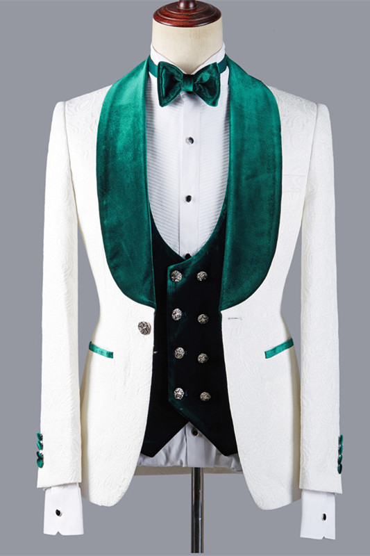 Jeffery Fashion Jacquard Three Pieces White Wedding Suit with Green Lapel