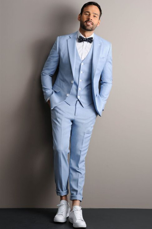 Leon Sky Blue Three Pieces Notched Lapel Fashion Men Suits