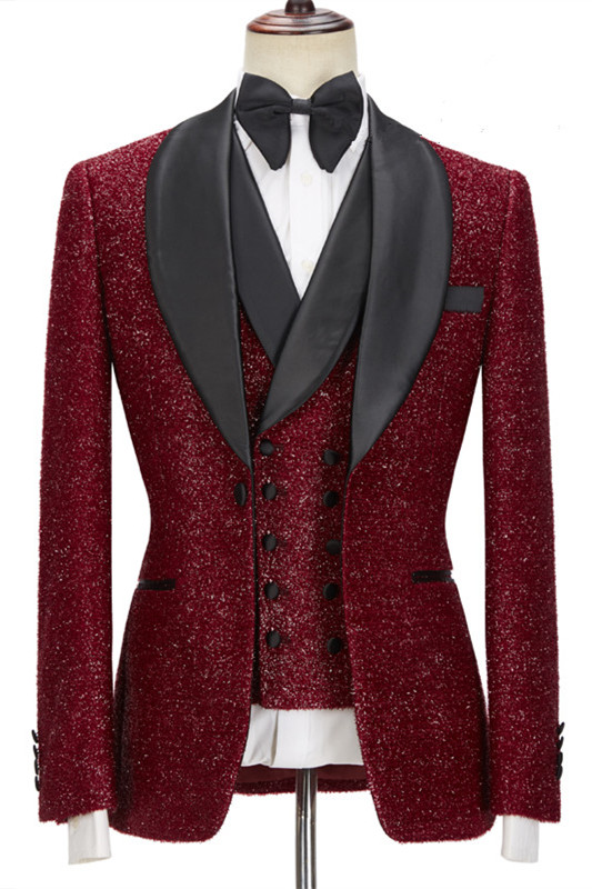 Damon Sparkle Red Three Pieces Wedding Suits with Black Shawl Lapel