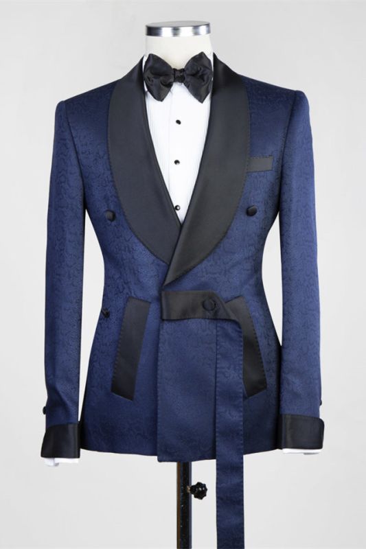 Cristopher Dark Blue Jacquard Shawl Lapel Wedding Men Suits | Allaboutsuit