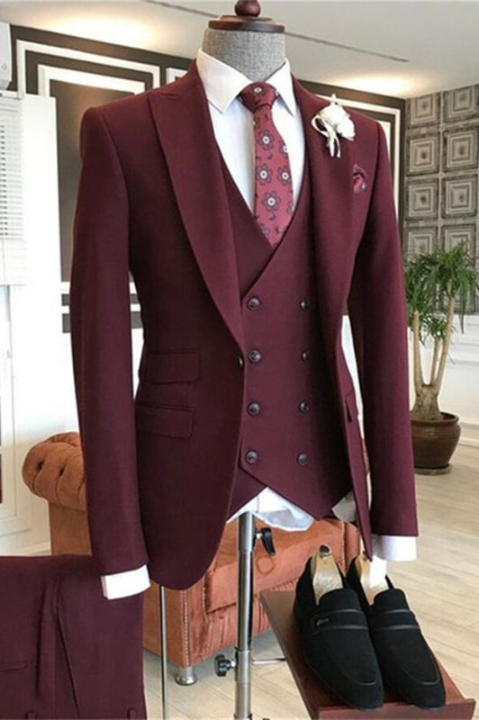 Maverick Burgundy Peaked Lapel Three Pieces Men's Suit