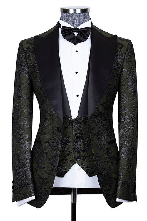 Nathanael Handsome Black Three Pieces Jacquard Peaked Lapel Wedding Groom Suits