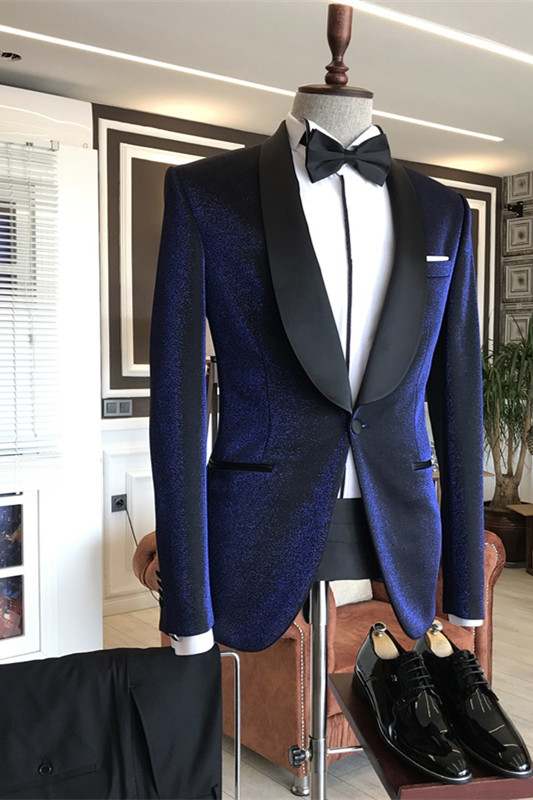 Luciano Sparkly Navy Blue Shawl Lapel Wedding Suits with Black Lapel