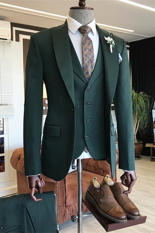 Cason Dark Green Bespoke Peaked Lapel Three Pieces Men Suits