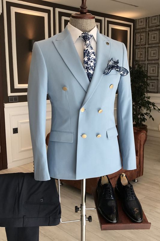 Leo Stylish Sky Blue Double Breasted Formal Business Bespoke Suits For Men