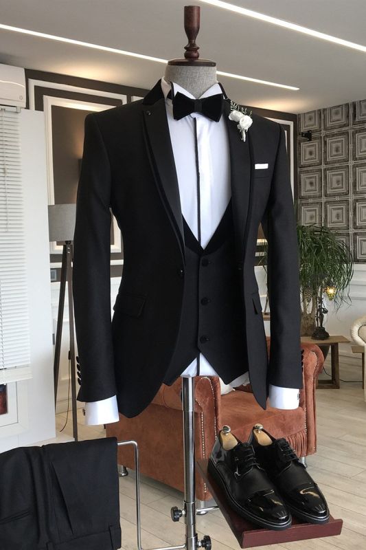 Ryan Black 3-Pieces Notched Lapel One Button Slim Fit Suits For Business
