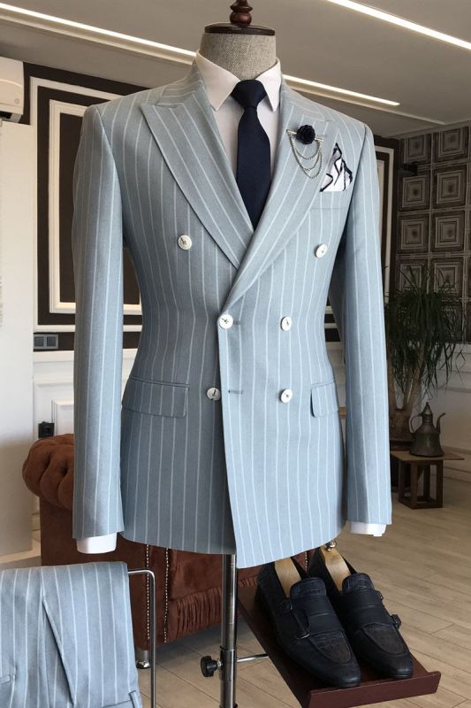 Dana Trendy Blue Striped Peaked Lapel Double Breasted Men Suits For Business