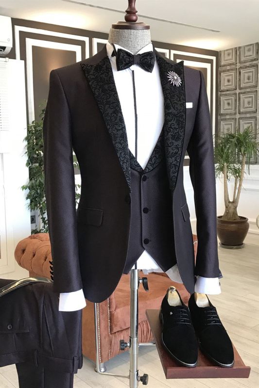 Matthew 3-Pieces Black Jacquard Peaked Lapel Bespoke Business Suits For Men