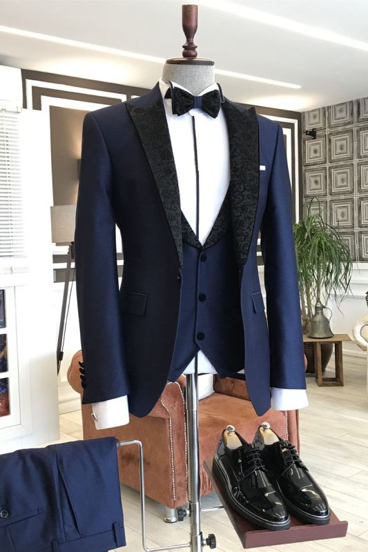 Modern Navy Blue 3-Pieces Black Jacquard Peaked Lapel Business Suits For Men