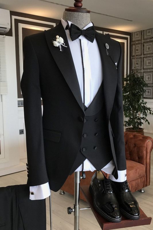 Lambert Formal 3-pieces Black Peaked Lapel Slim Fit Men Business Suit