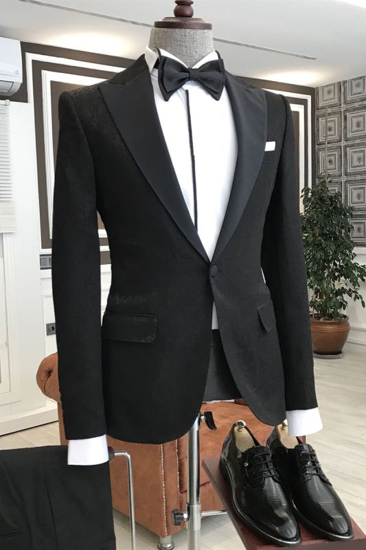 Leopold Traditional Black Peaked Lapel New Arrival Slim Fit Men Suits