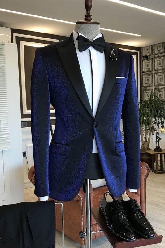 Baron Dark Blue Sparkling Peaked Lapel Business Suits For Men